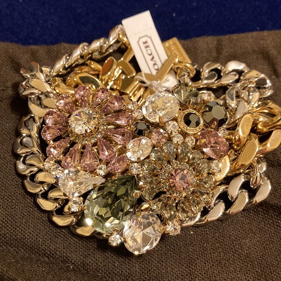 NWT Coach multicolored rhinestone heart pendant & silver/gold LG link bracelet - Picture 13 of 16